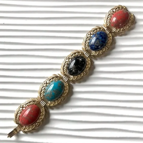 Vintage 60’s speckled cabochon laurel leaf linked bracelet - Picture 2 of 5